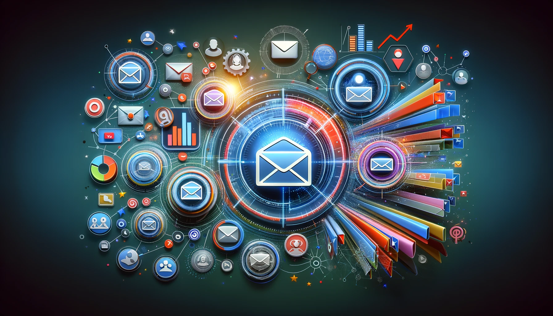 Abstract representation showing individual email envelopes tailored to different audience segments, surrounded by icons of analytics and personal preferences, symbolizing the dynamic world of Personalized Email Content.