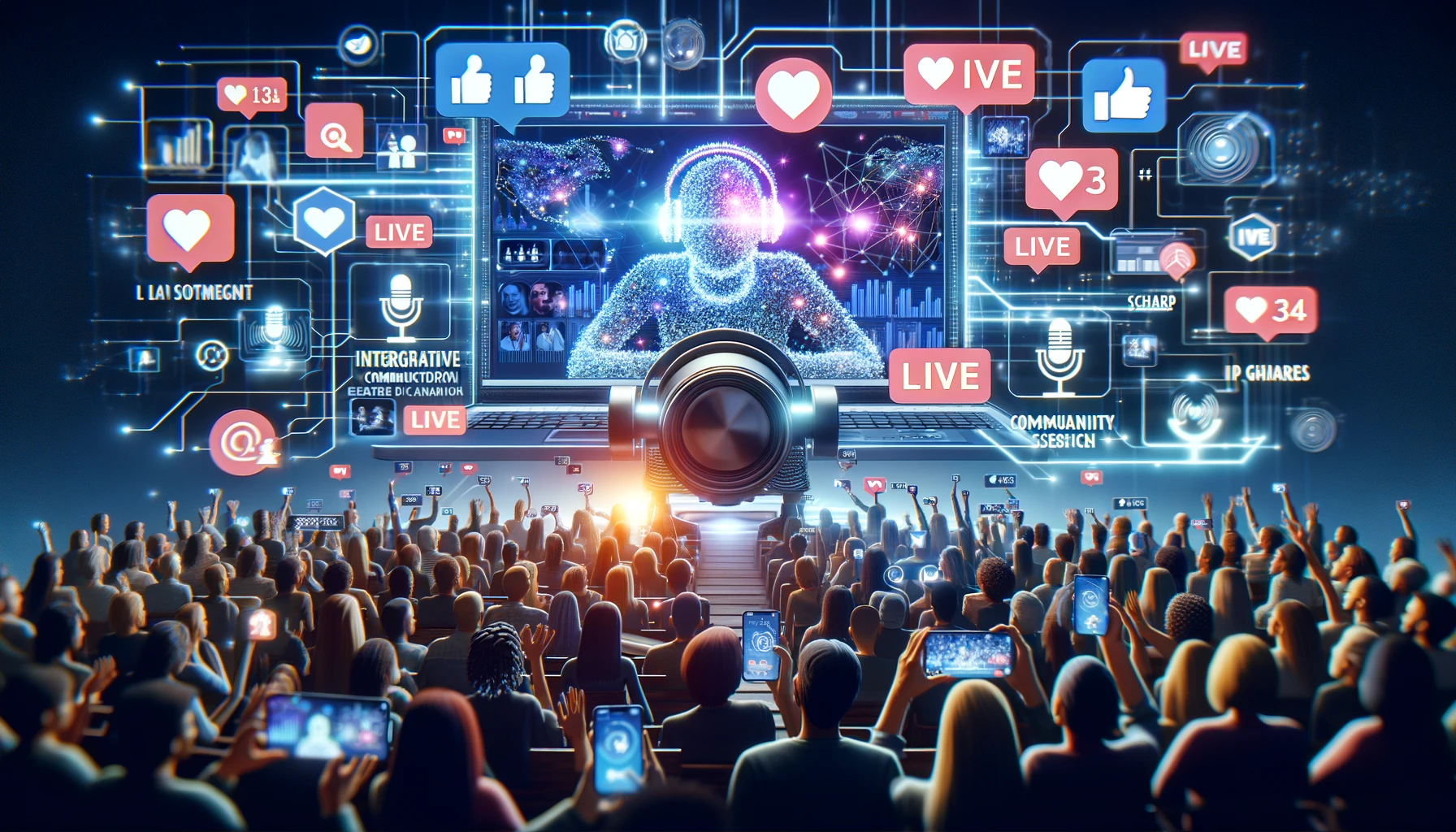 A dynamic representation of a live streaming session highlighting diverse audience interactions through likes, comments, and shares in a virtual environment, showcasing the essence of Live Streaming Engagement.