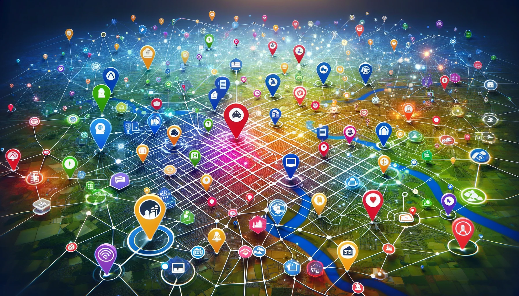 Vibrant interconnected map showcasing Local Citations Strategies, linking businesses with their community for enhanced SEO optimization and visibility.