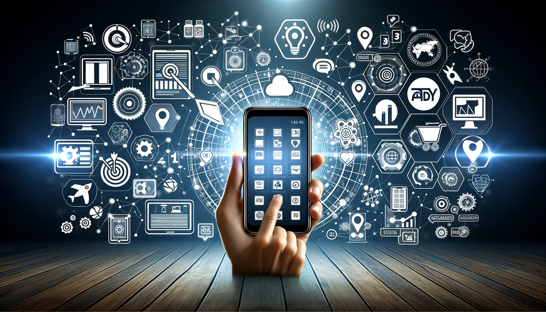 Wide image depicting various mobile devices with different ads, surrounded by icons representing targeting, data analytics, and user engagement, highlighting innovative mobile advertising strategies.