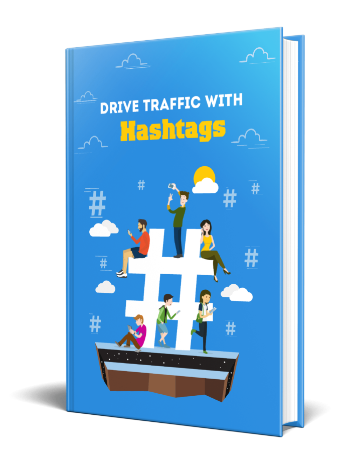 Cover of 'Drive Traffic With Hashtags' E-Book featuring a modern and informative design