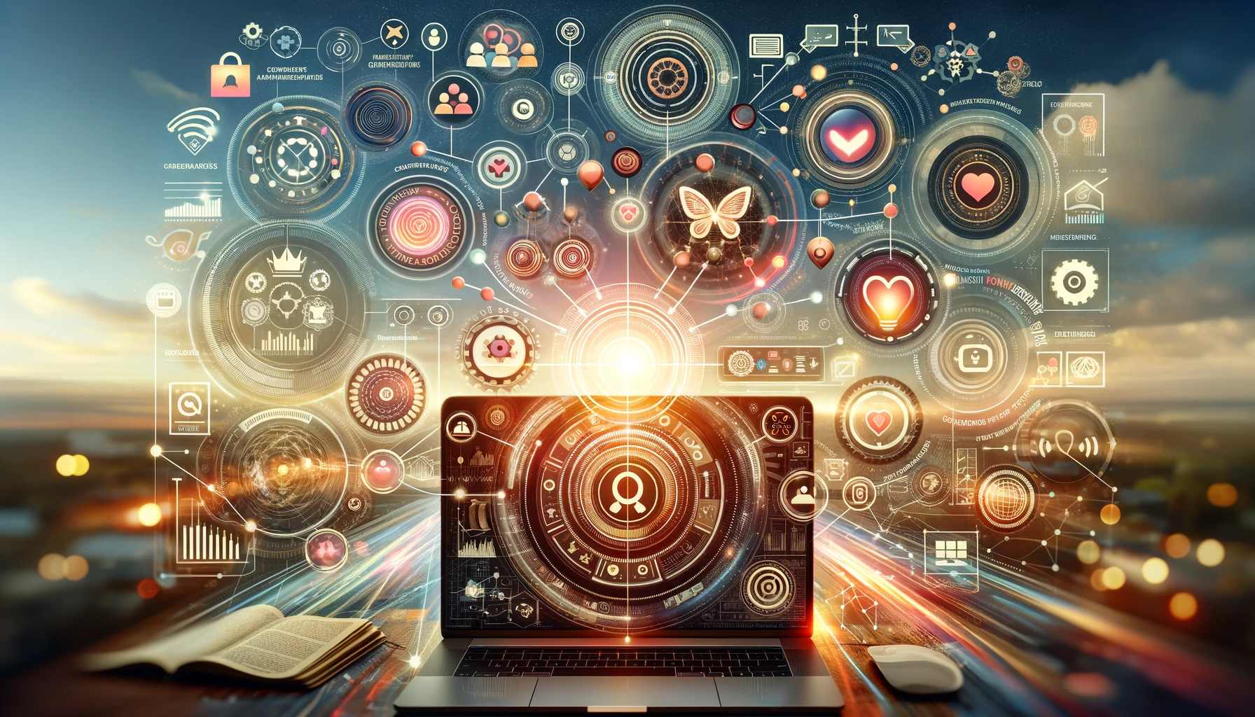 An innovative abstract image highlighting retention marketing strategies, featuring interconnected circles for customer relationships, unique icons for personalized interactions, symbols for loyalty rewards, and digital mechanisms for feedback.