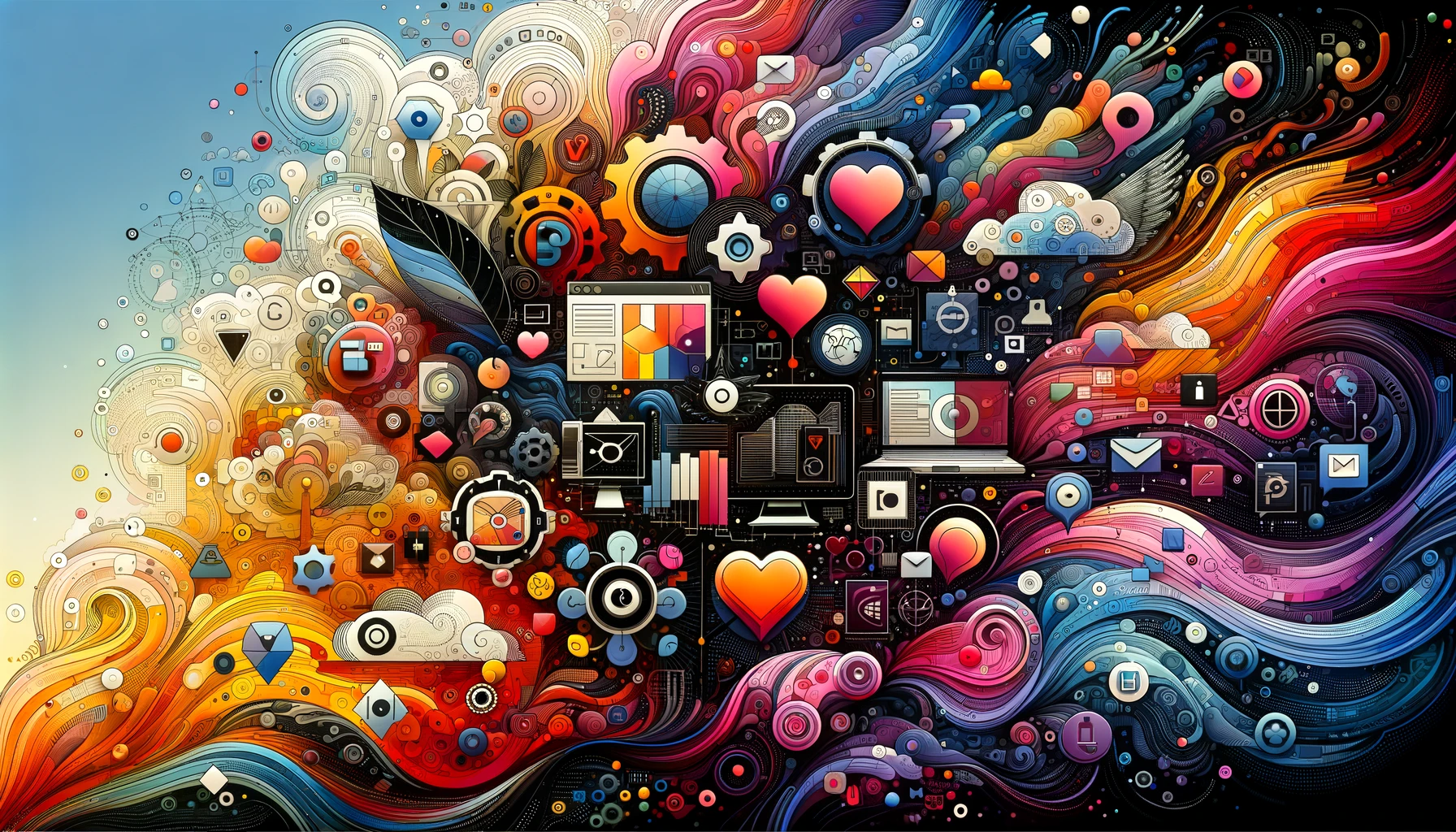 An abstract representation showcasing key elements of Effective Branding Strategies, including a unique and vibrant brand logo, diversity within a unified target audience, symbols of digital communication, consistency in visual elements, and abstract symbols of emotional connection.