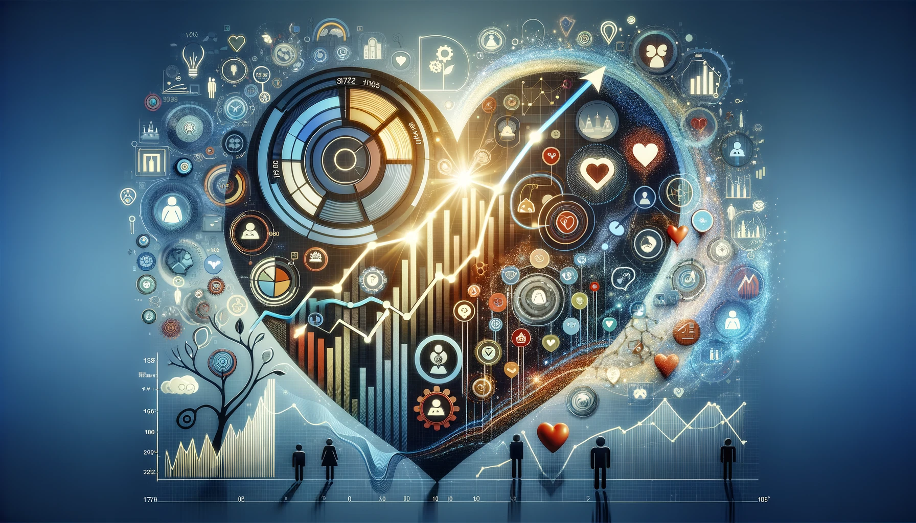Abstract visualization of customer retention metrics featuring pie charts, line graphs, user icons, and symbolic elements of growth and loyalty such as trees and hearts, set within a corporate framework.