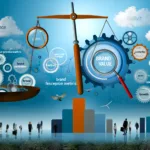 An abstract depiction of the essential brand value metrics for business success, featuring scales, a magnifying glass, interconnected gears, rising graphs, and a diverse group of people, symbolizing the balance, insight, synergy, growth, and customer loyalty needed for enhancing brand value.
