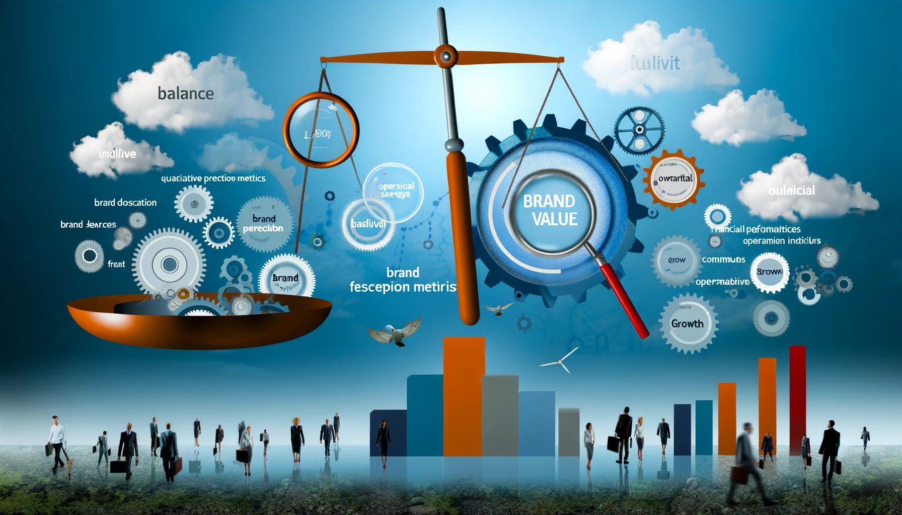 An abstract depiction of the essential brand value metrics for business success, featuring scales, a magnifying glass, interconnected gears, rising graphs, and a diverse group of people, symbolizing the balance, insight, synergy, growth, and customer loyalty needed for enhancing brand value.