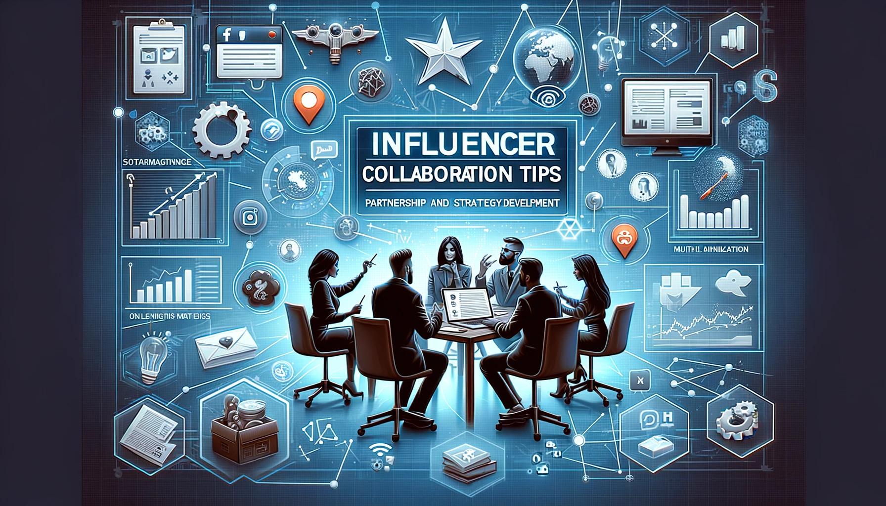 Scene showing influencers and brands engaging in strategy planning, surrounded by social media icons and analytics, representing Influencer Collaboration Tips.