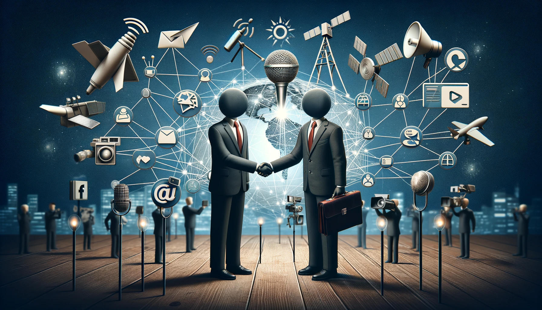 Symbolic handshake between business and media representatives against a backdrop of communication networks and social media icons, illustrating Media Relations Strategies.