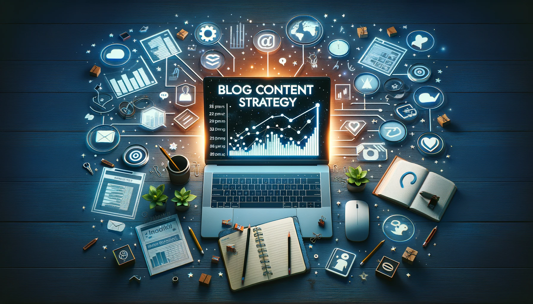 Scene depicting a digital workspace with an open laptop showing analytics, a notepad filled with creative ideas, and floating social media icons, embodying the essence of Blog Content Strategy.
