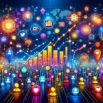 Illustration of Social Media Metrics with vibrant elements like graphs, user icons, and social media symbols, depicting the evaluation of reach, engagement, and conversions. Subtitle: Unlocking the Secrets of Social Media Metrics