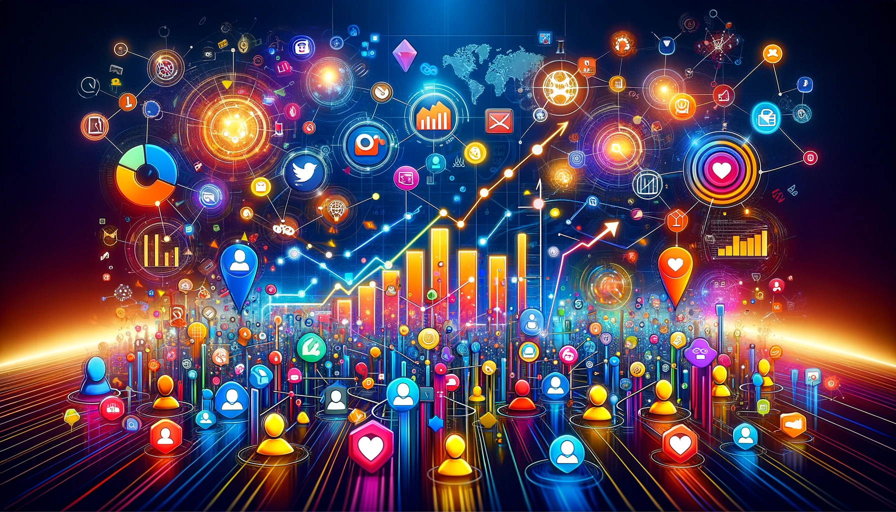 Illustration of Social Media Metrics with vibrant elements like graphs, user icons, and social media symbols, depicting the evaluation of reach, engagement, and conversions. Subtitle: Unlocking the Secrets of Social Media Metrics