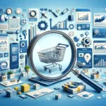 A magnifying glass over a digital shopping cart filled with generic products, with abstract representations of data and analysis like charts and graphs in the background, symbolizing the pursuit of the best E-Commerce Keyword Research.
