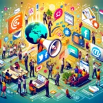 A vibrant and dynamic image showing a diverse group of people engaged in various event promotion activities, including using a megaphone, interacting with social media, sending emails, and analyzing data for the Event Promotion Guide.