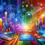 Illustration showing the concept of Online Ad Optimization through a futuristic digital landscape with colorful, abstract shapes symbolizing growth, connectivity, and strategy.
