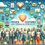 A diverse group of happy people engaging with various loyalty program elements like reward cards and mobile apps, in a vibrant community setting, symbolizing customer satisfaction and brand loyalty through Customer Loyalty Programs.