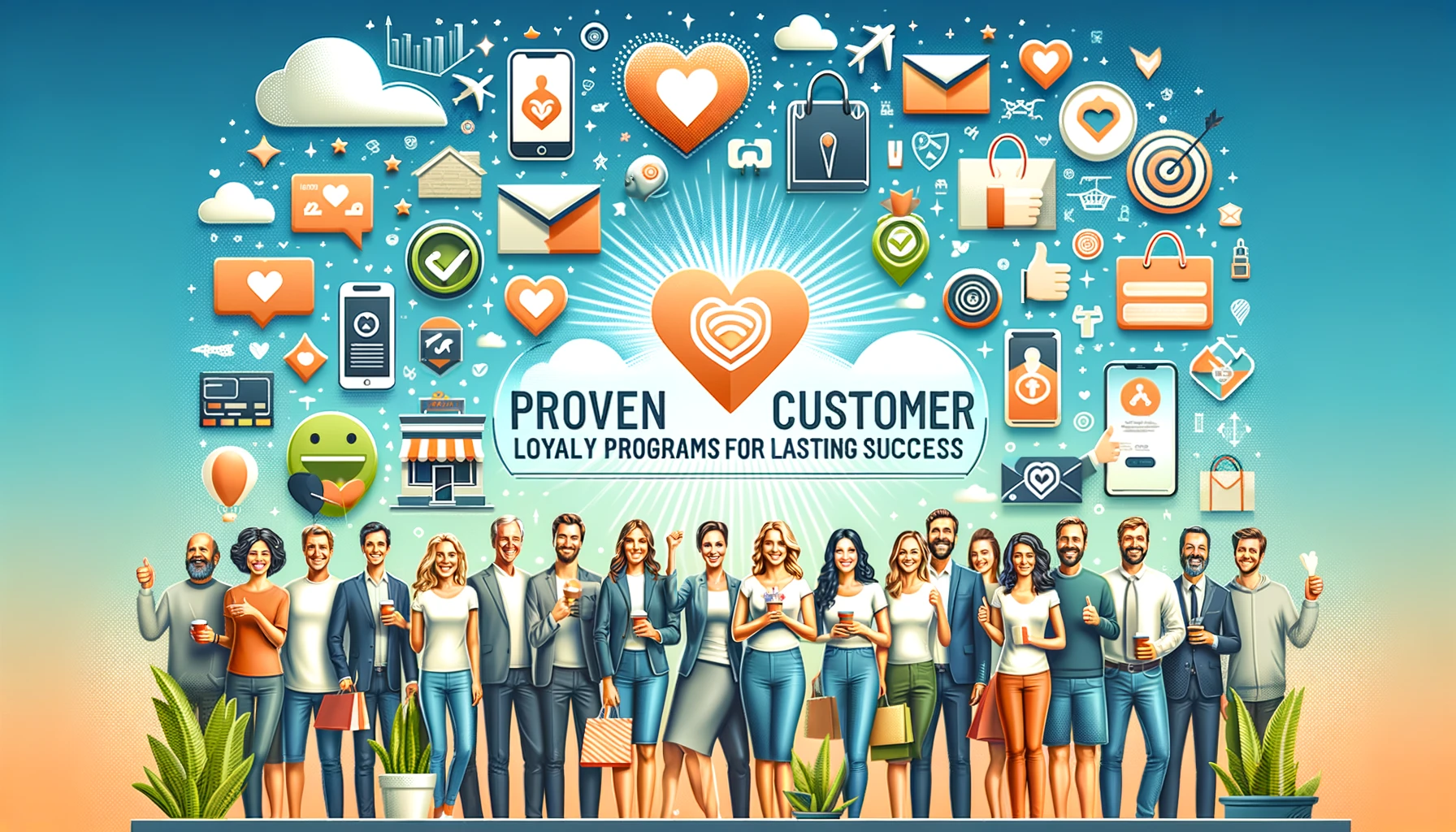 A diverse group of happy people engaging with various loyalty program elements like reward cards and mobile apps, in a vibrant community setting, symbolizing customer satisfaction and brand loyalty through Customer Loyalty Programs.