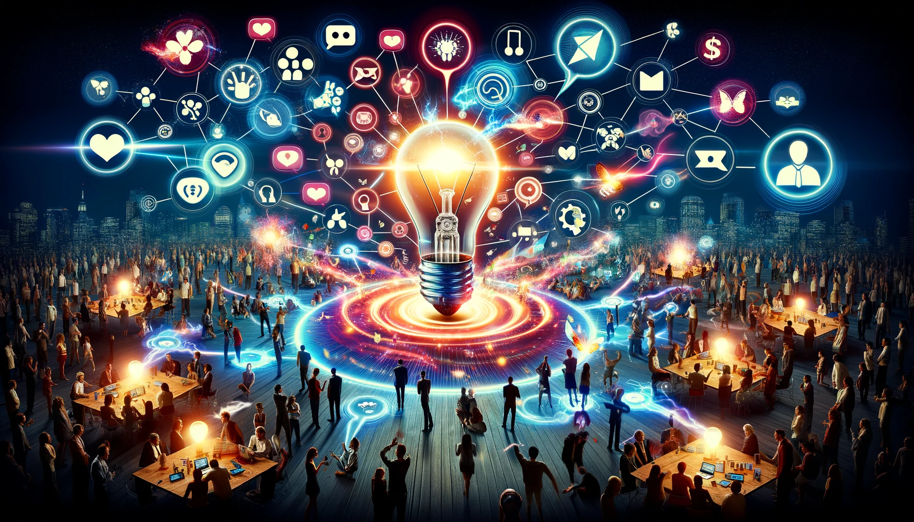 A vibrant scene of buzz marketing strategies with people engaging in conversations, social media shares, and public demonstrations around a central innovative idea.