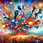 Vibrant illustration of dynamic social media tactics with icons like Facebook, Instagram, Twitter, and LinkedIn, complemented by megaphones and hashtags.