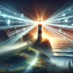 A symbolic representation of Search Visibility Strategies with a lighthouse illuminating the vast digital sea with its beams, guiding through the fog.