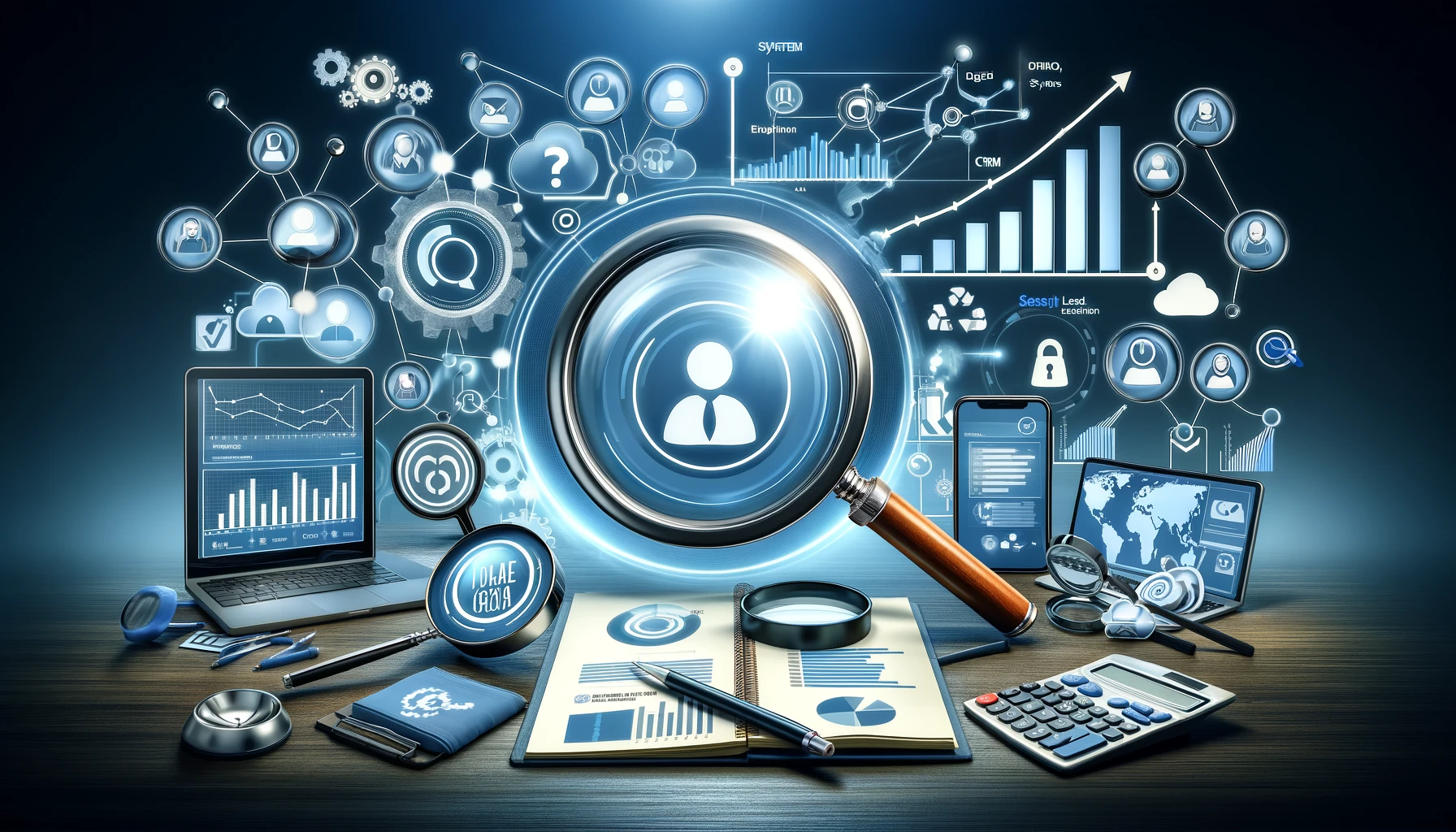 Wide image showcasing Lead Generation Tools with a magnifying glass over a target audience, CRM systems, and analytics graphs, depicting the strategic engagement with potential customers.