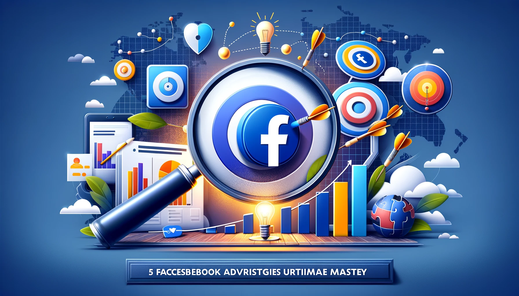 A dynamic visual representation of Facebook advertising strategies, featuring a magnifying glass on a Facebook logo, rising metrics chart, a bullseye with darts, a bright idea light bulb, and a completing puzzle piece, all set against an innovative and successful theme backdrop.
