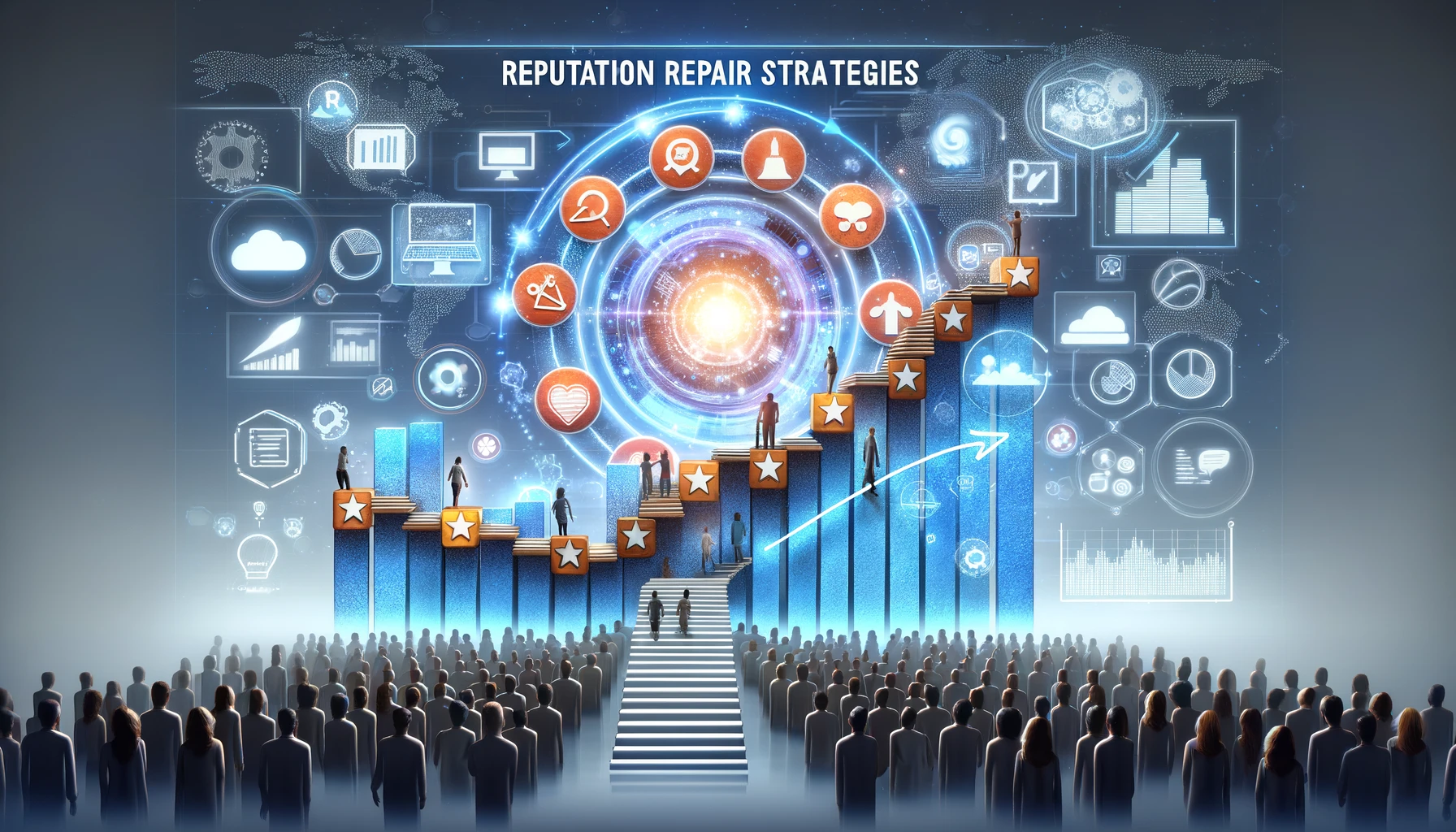 Digital transformation depicted with negative to positive feedback, utilizing social media platforms, content creation, and analytics in a constructive environment for Reputation Repair Strategies.