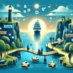 A serene scene representing Churn Reduction Strategies with a stable ship, guiding lighthouse, and connecting bridge, symbolizing stability, guidance, and connection, with elements of customer engagement like handshakes and smiley faces.