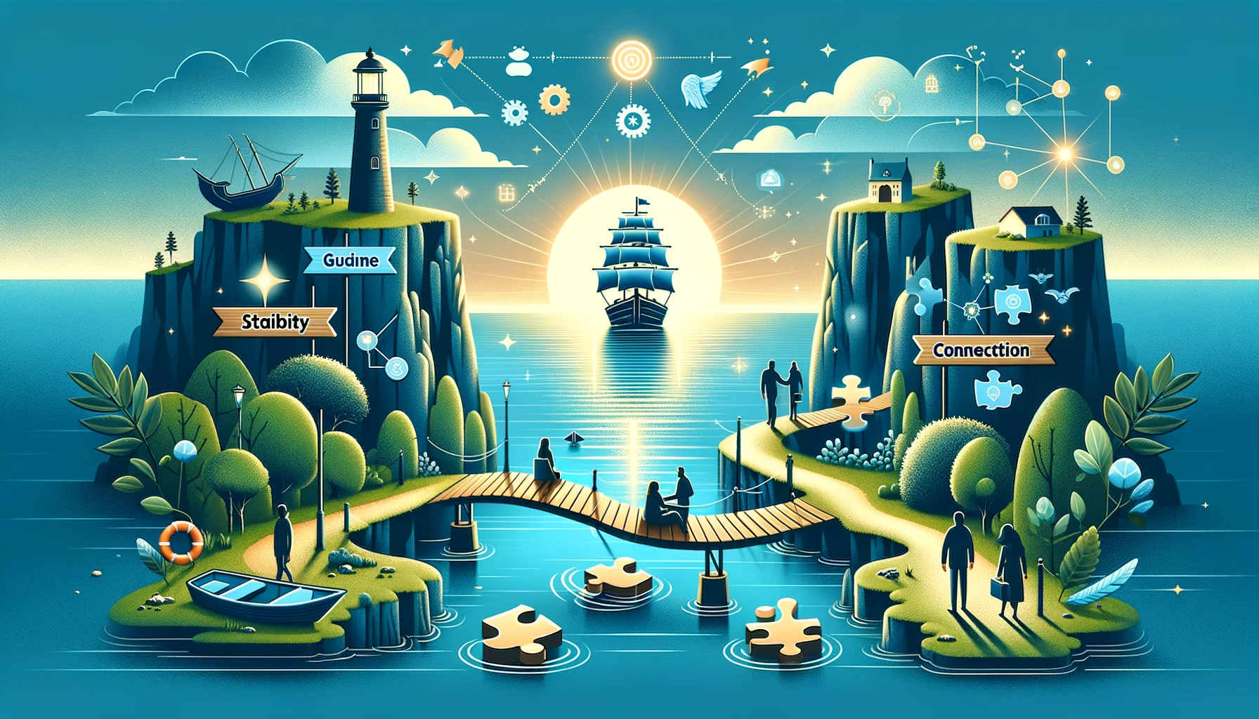A serene scene representing Churn Reduction Strategies with a stable ship, guiding lighthouse, and connecting bridge, symbolizing stability, guidance, and connection, with elements of customer engagement like handshakes and smiley faces.