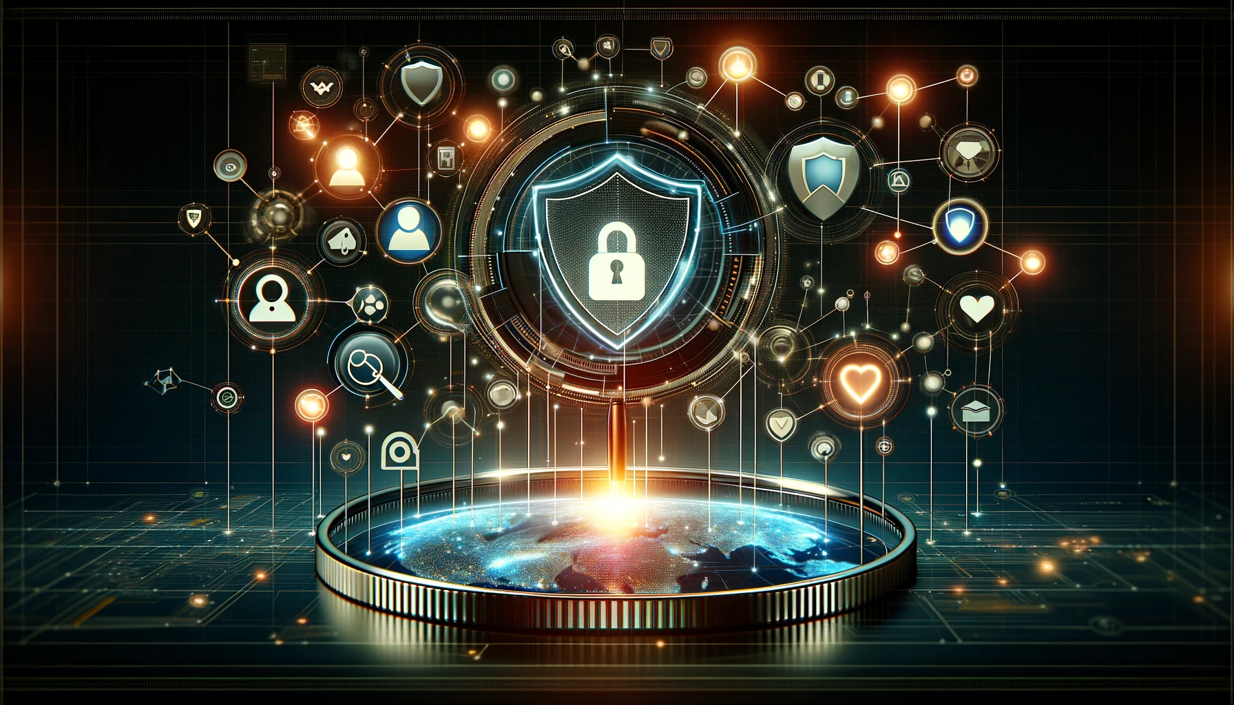 A digital landscape representing online reputation management with interconnected nodes symbolizing social platforms, a protective shield, and a magnifying glass emphasizing monitoring, set against a futuristic interface.