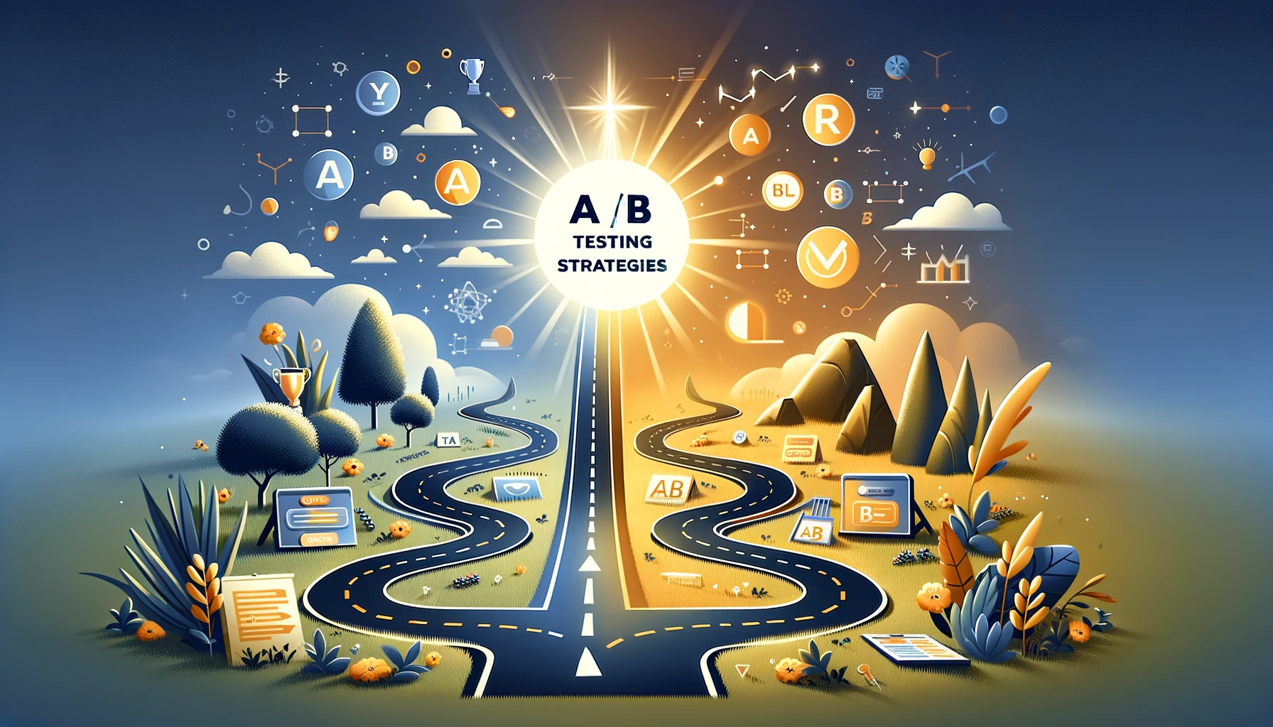 Visual comparison of two pathways symbolizing A/B testing strategies, with one leading to a bright, successful outcome and the other showing potential but less direct.