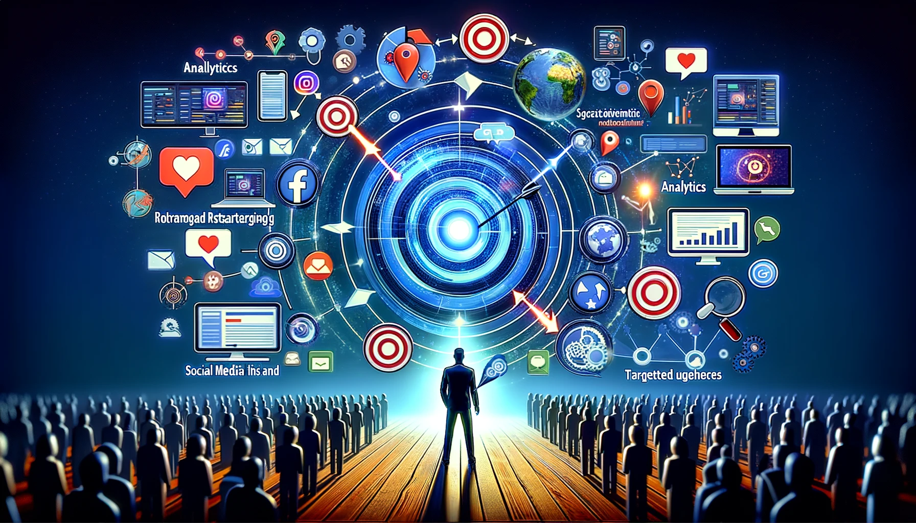 Visual representation of Social Media Retargeting with interconnected social platforms, analytics, and retargeting ad cycles aiming to re-engage previous brand interactions.