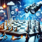 An imaginative representation of keyword ranking strategies with strategic chess pieces on a board and binoculars overlooking a digital landscape, symbolizing the depth of Keyword Ranking Strategies.
