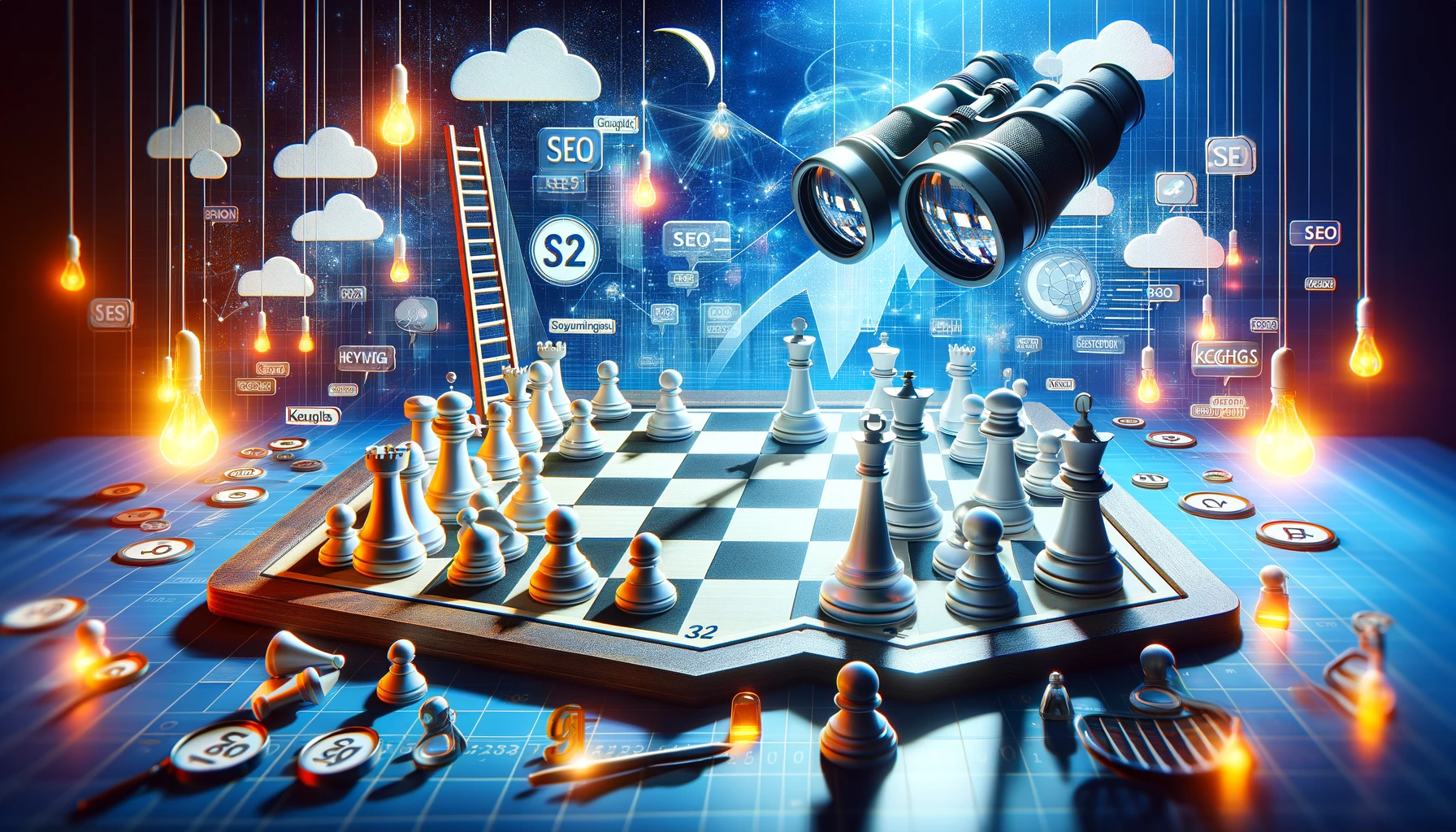 An imaginative representation of keyword ranking strategies with strategic chess pieces on a board and binoculars overlooking a digital landscape, symbolizing the depth of Keyword Ranking Strategies.