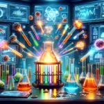 A vibrant digital marketing laboratory scene with test tubes and beakers filled with different types of content, each emitting a glow to symbolize the potential of Viral Content Formulas.