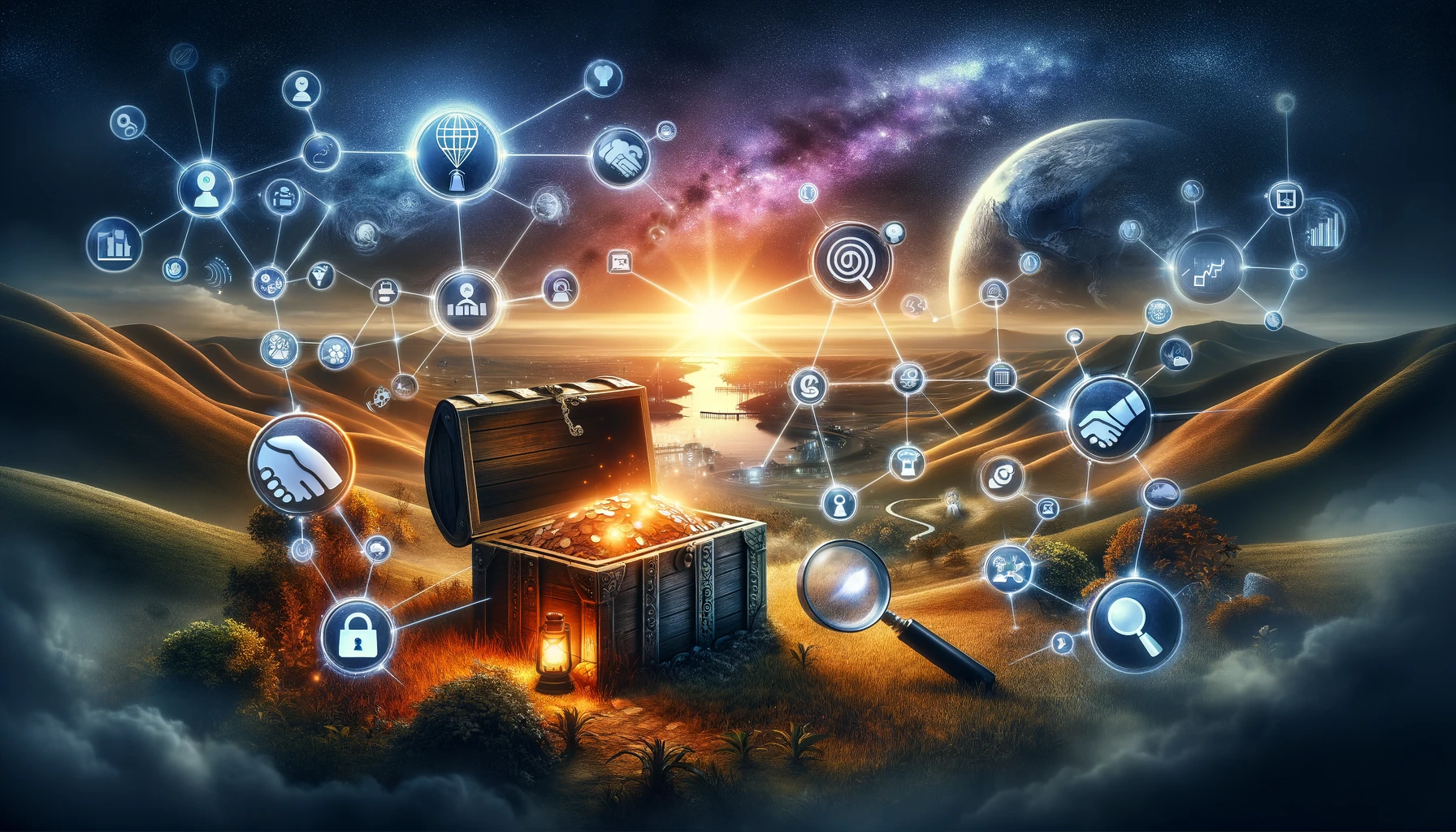 An imaginative depiction of off-page SEO secrets, featuring hidden treasure chests, handshakes, and magnifying glasses over social media icons set against a mysterious landscape.