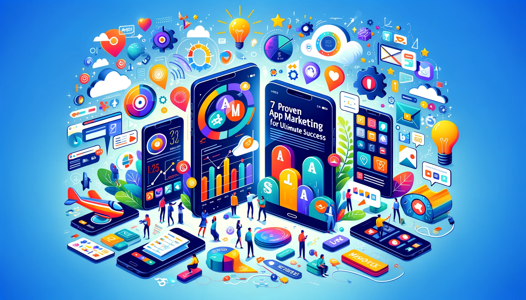 An engaging illustration depicting various facets of app marketing strategies, including smartphones showing app analytics, diverse marketing channels, and individuals interacting with digital platforms.