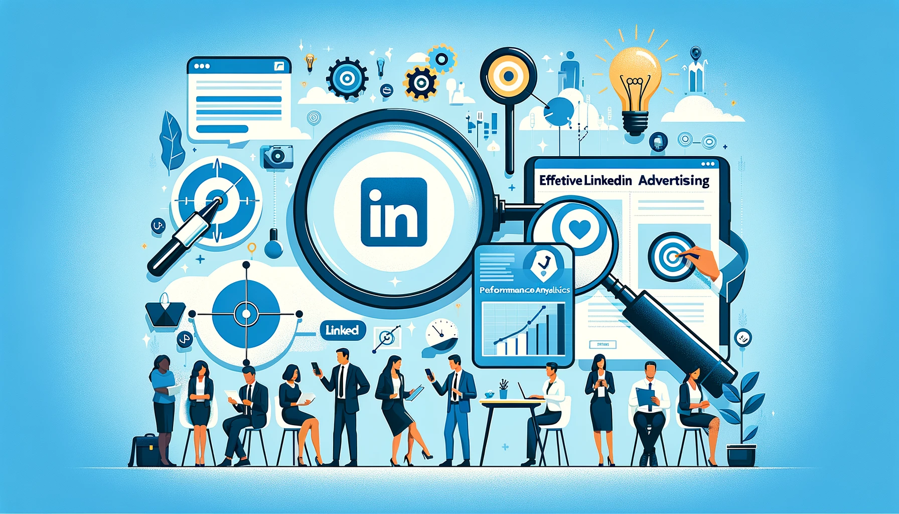 Graphic representation of key LinkedIn Advertising Tips, including audience targeting, engaging content, and performance analytics.