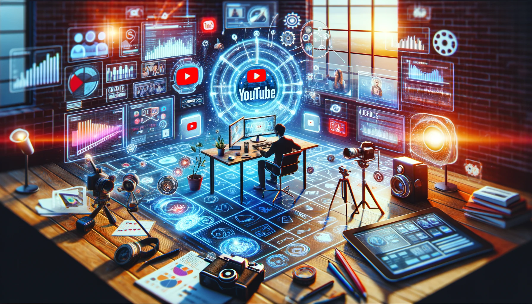 Illustration of effective techniques for Promoting YouTube Channel, featuring a content creator engaging with analytics and social media.