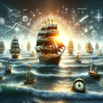 A dynamic ocean scene with ships navigating through waves, equipped with compasses, telescopes, and maps to symbolize SEO strategies and Navigating Keyword Trends research tools.