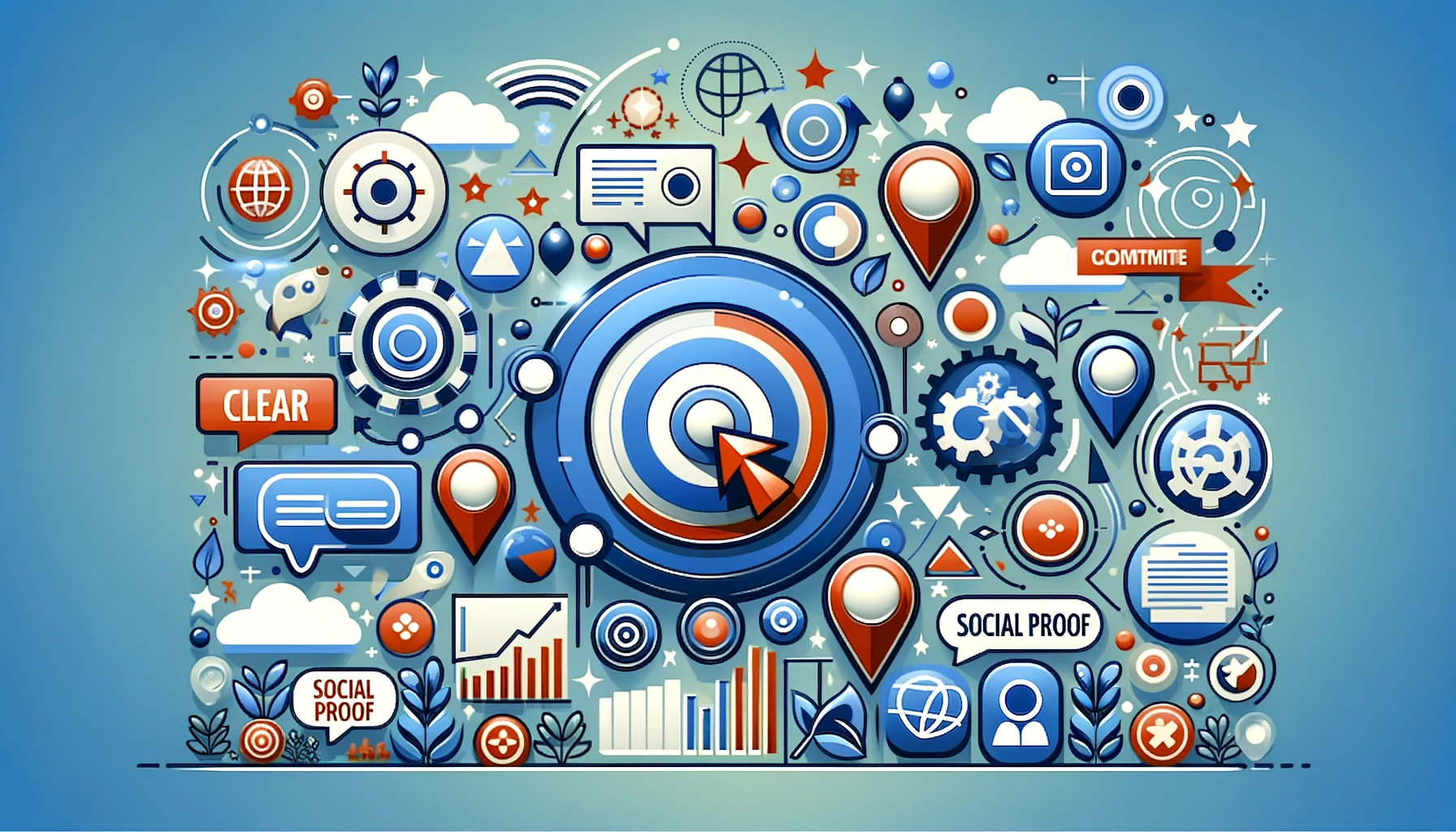 Visual representation of Effective Landing Pages, showcasing abstract symbols for call-to-action buttons, user-friendly design, social proof, and analytics.