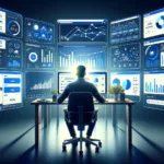 Digital marketer analyzing Facebook Ad Reporting metrics on computer screens, focusing on optimizing ROAS through strategic data analysis.