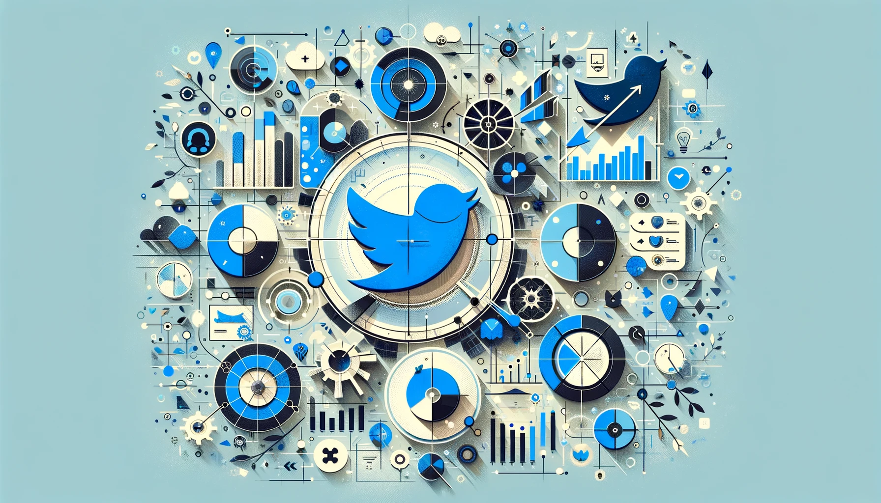 Abstract representation of Twitter Ad Analytics, featuring charts, graphs, and symbolic icons like birds analyzing data.
