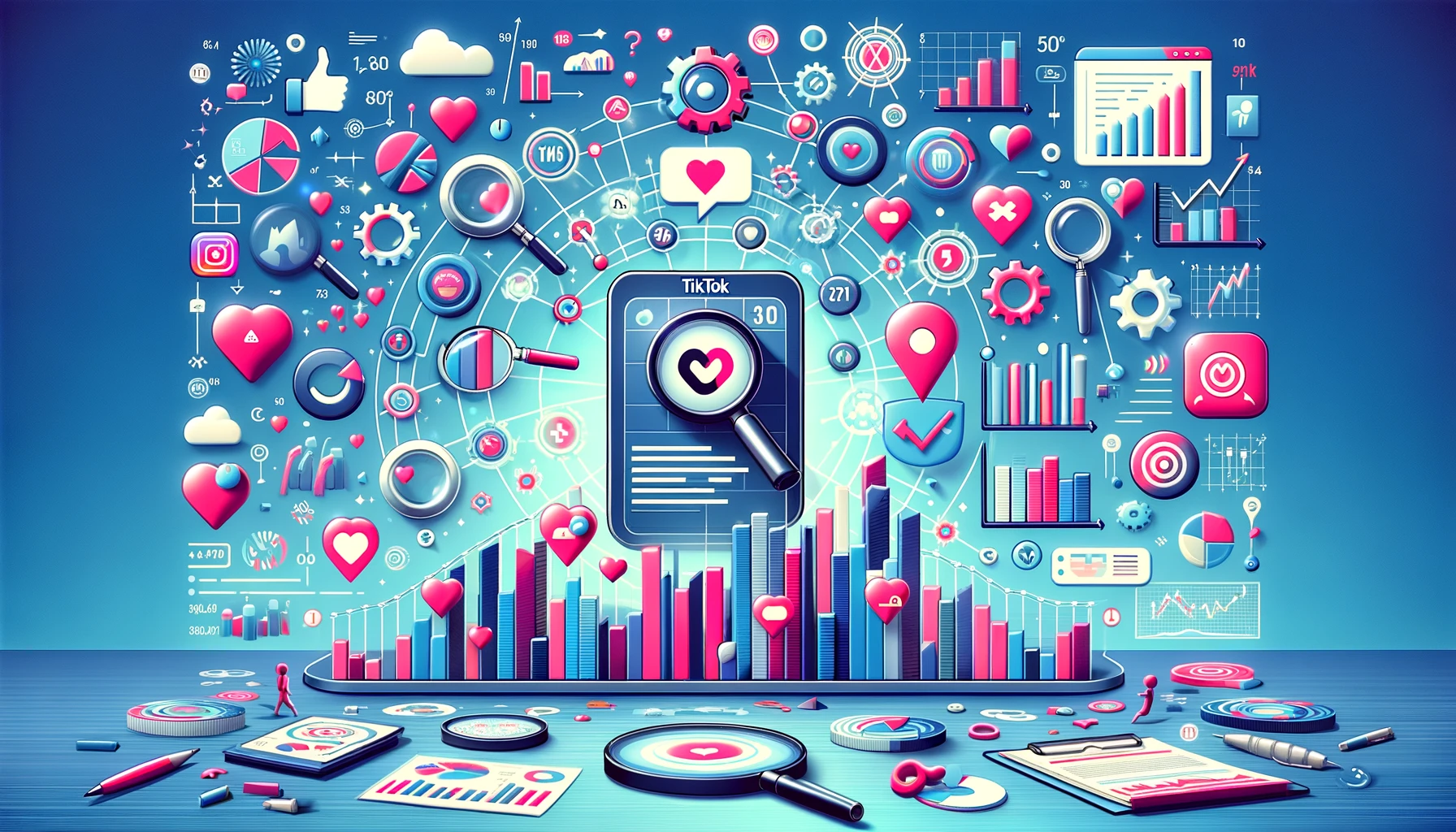 Abstract visualization of TikTok Ad Analytics, featuring symbols of user engagement, diverse audience demographics, and analytical tools without text.