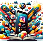 Abstract visualization of the dynamic and creative essence of Instagram Story Ads, featuring vibrant backgrounds, storytelling symbols like thought bubbles, and social interaction icons without any explicit brand logos.