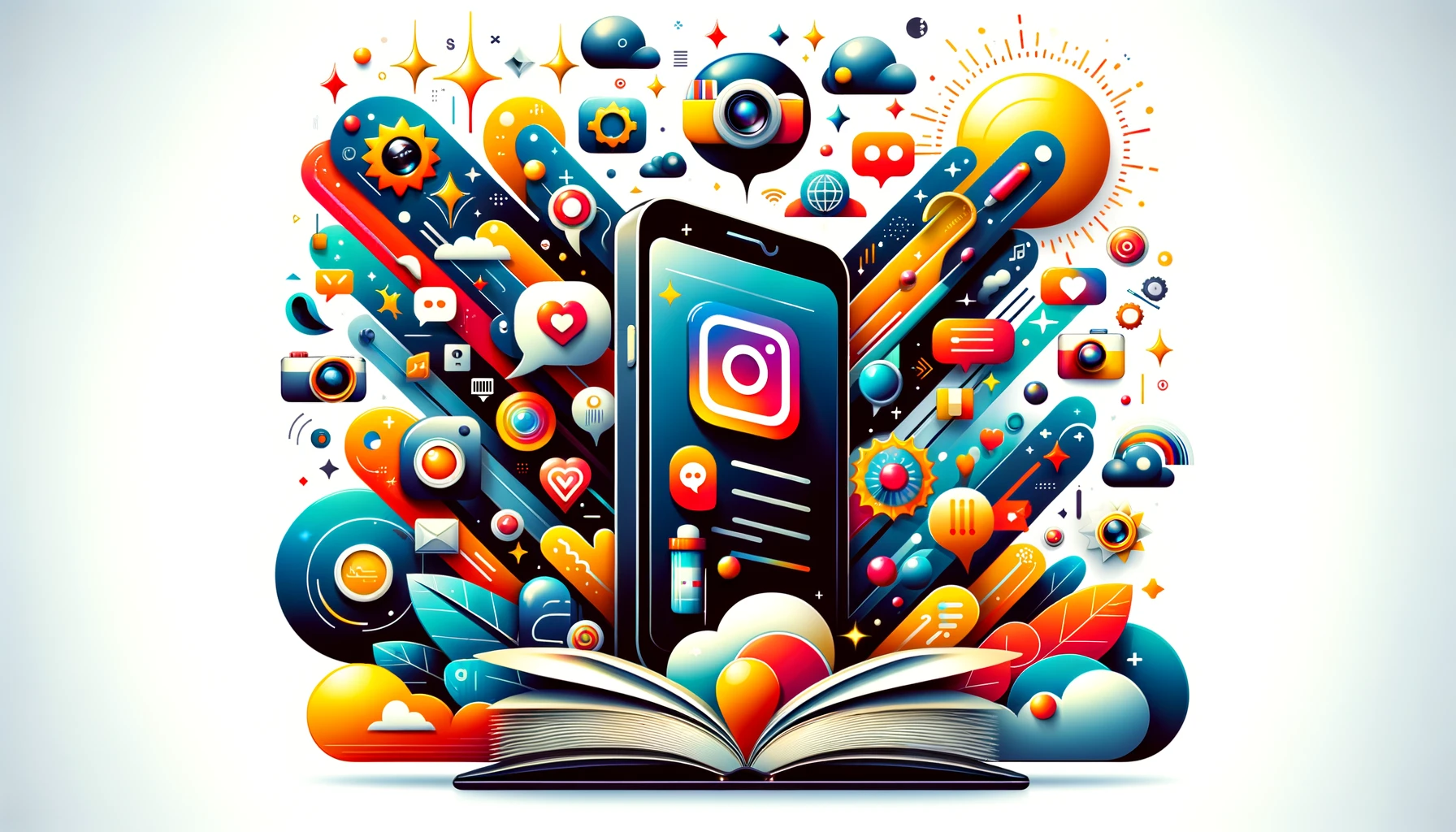 Abstract visualization of the dynamic and creative essence of Instagram Story Ads, featuring vibrant backgrounds, storytelling symbols like thought bubbles, and social interaction icons without any explicit brand logos.