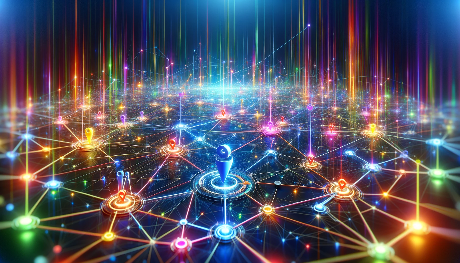An abstract digital landscape illustrating the concept of SEO Link Building with interconnected nodes and vibrant links.