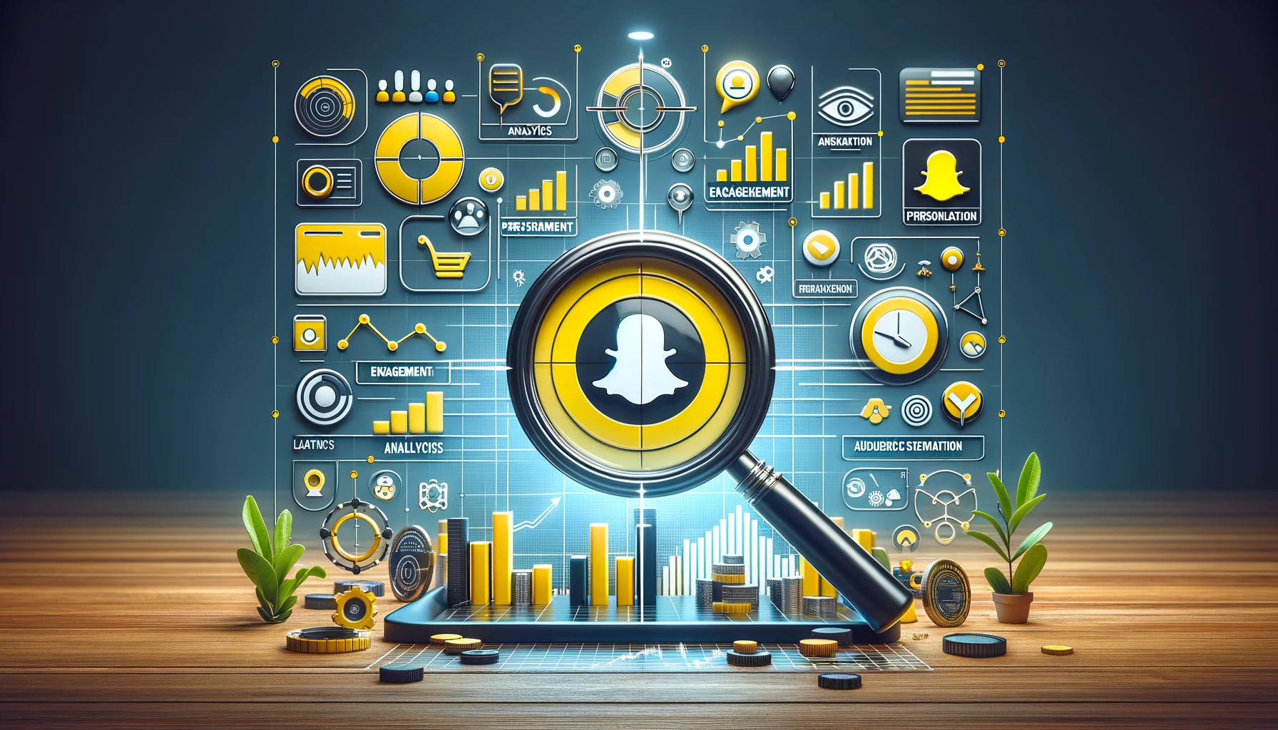 Illustration of precise Snapchat ad targeting showing a magnifying glass focusing on a target demographic within a Snapchat interface.