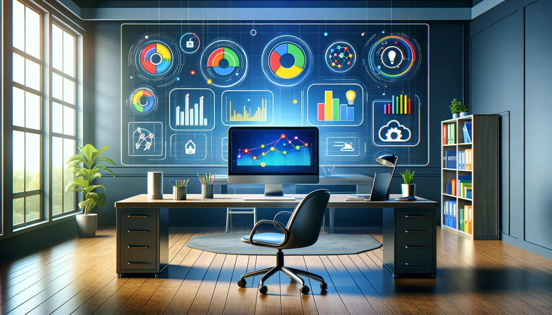Professional setting displaying a computer with simplified Google Analytics setup, highlighting easy steps for successful website data analysis.