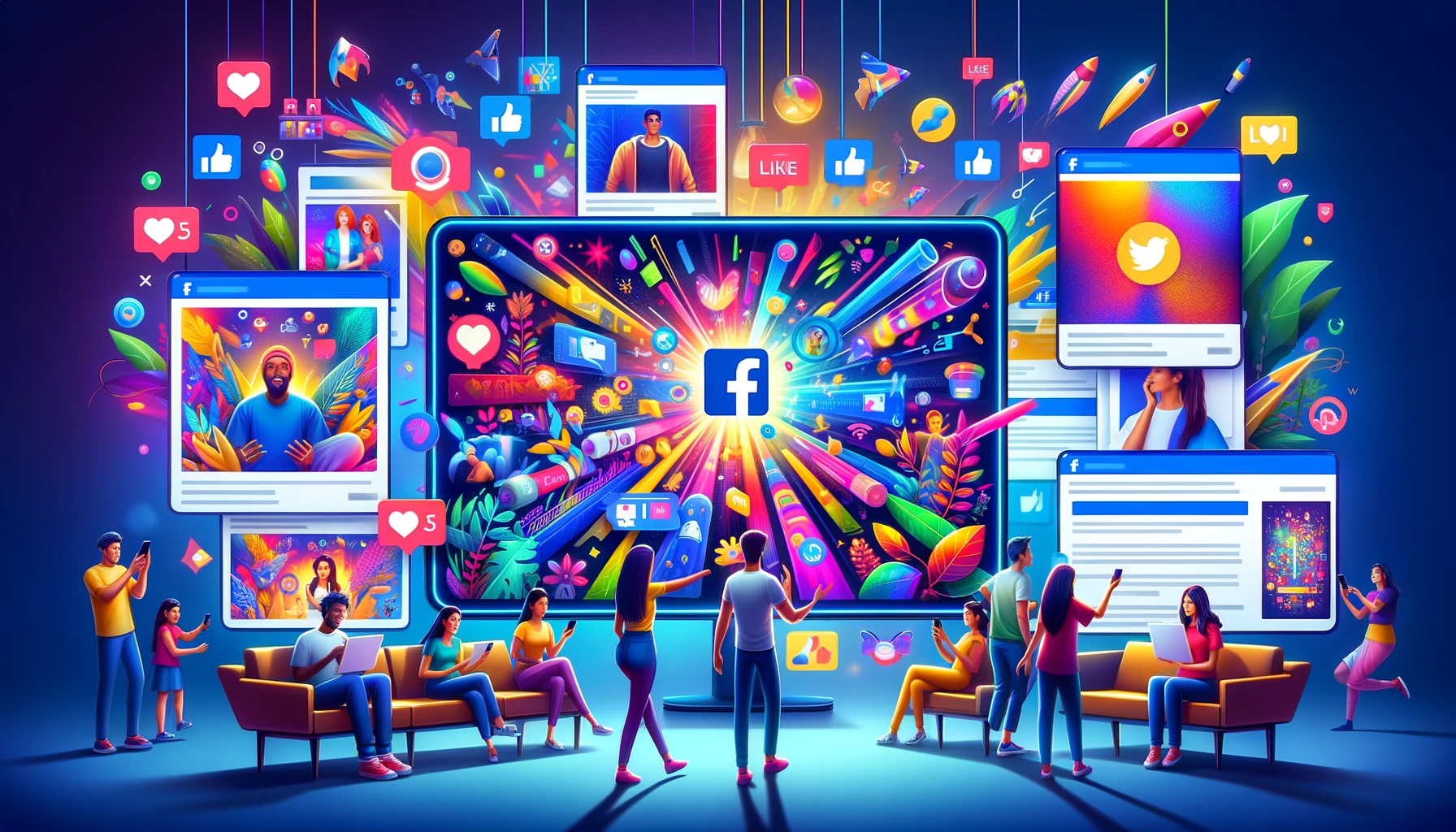 Engaging representation of diverse Facebook Ad Creative strategies featuring dynamic and colorful advertisements.