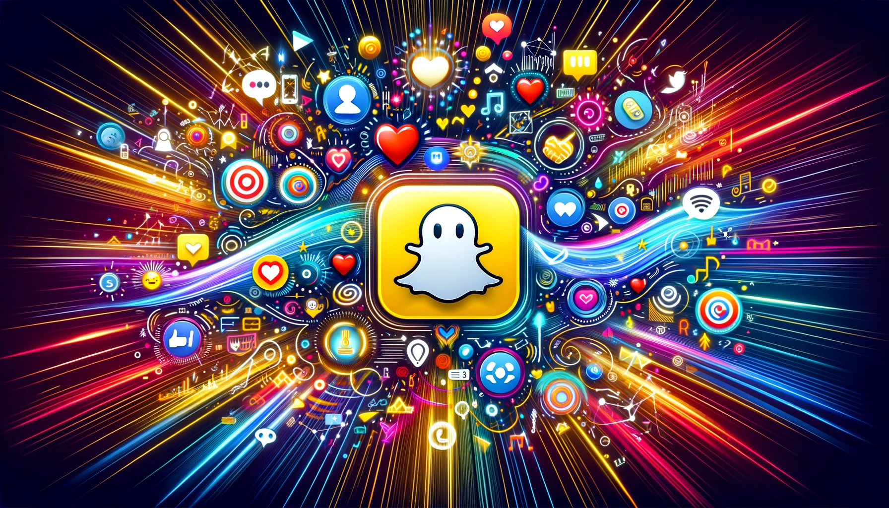 Symbolic representation of Snapchat Ad Engagement with abstract social interaction icons and engagement metrics surrounding a vibrant Snapchat ghost symbol.